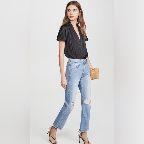 NWT Paige Dijon Satin Short Sleeve Faux Wrap Thong Bodysuit Black, Sz S - Picture 5 of 12